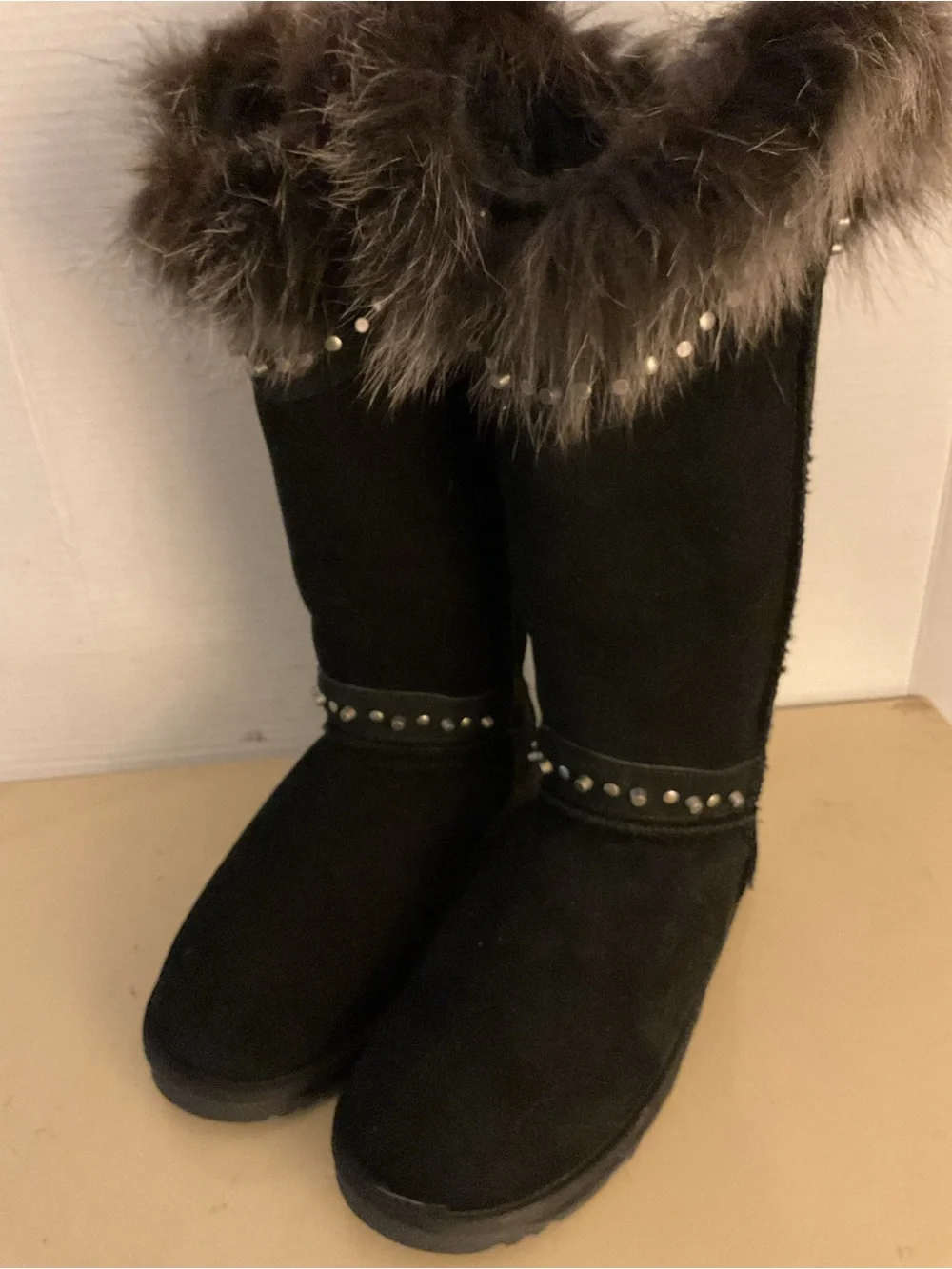 Australia collection women black suede fur stud tall boots US 8